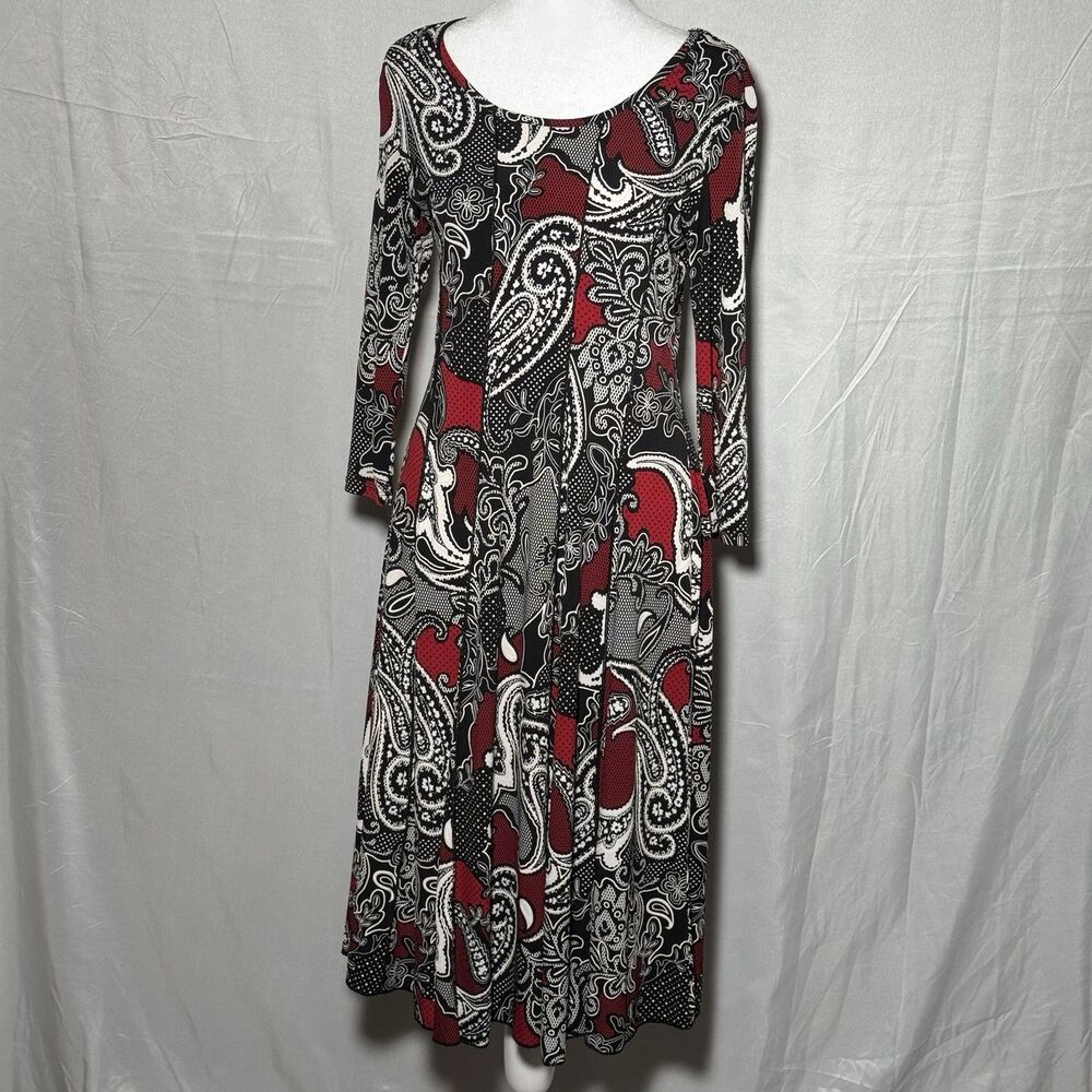 Sami & Jo Paisley Dress Small Black Red White 3/4 Sleeve Stretch Casual Career
